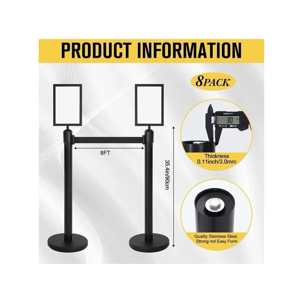 8PC Stanchion Post Crowd Control Queue Barrier 2 Sign Holders 8.2 Ft Retractable